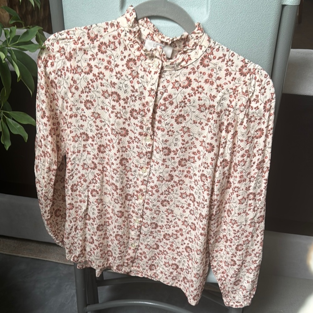 LOFT Brown and Orange Buttoned Blouse with Mandarin Collar